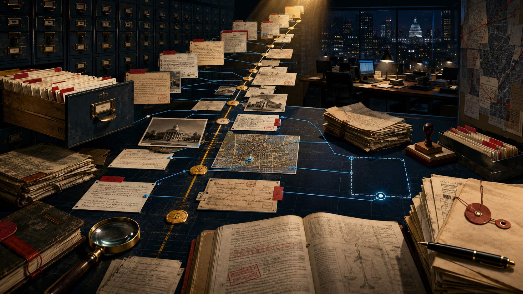 An illuminated evidence archive connecting sourced records across a living accountability timeline